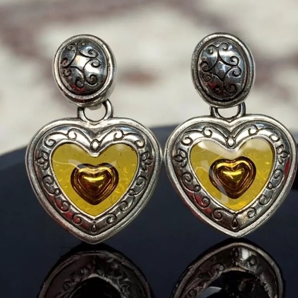 BRIGHTON Free Floating Encased Gold HEART Silver Drop Dangle Pierced Earrings - Picture 3 of 3